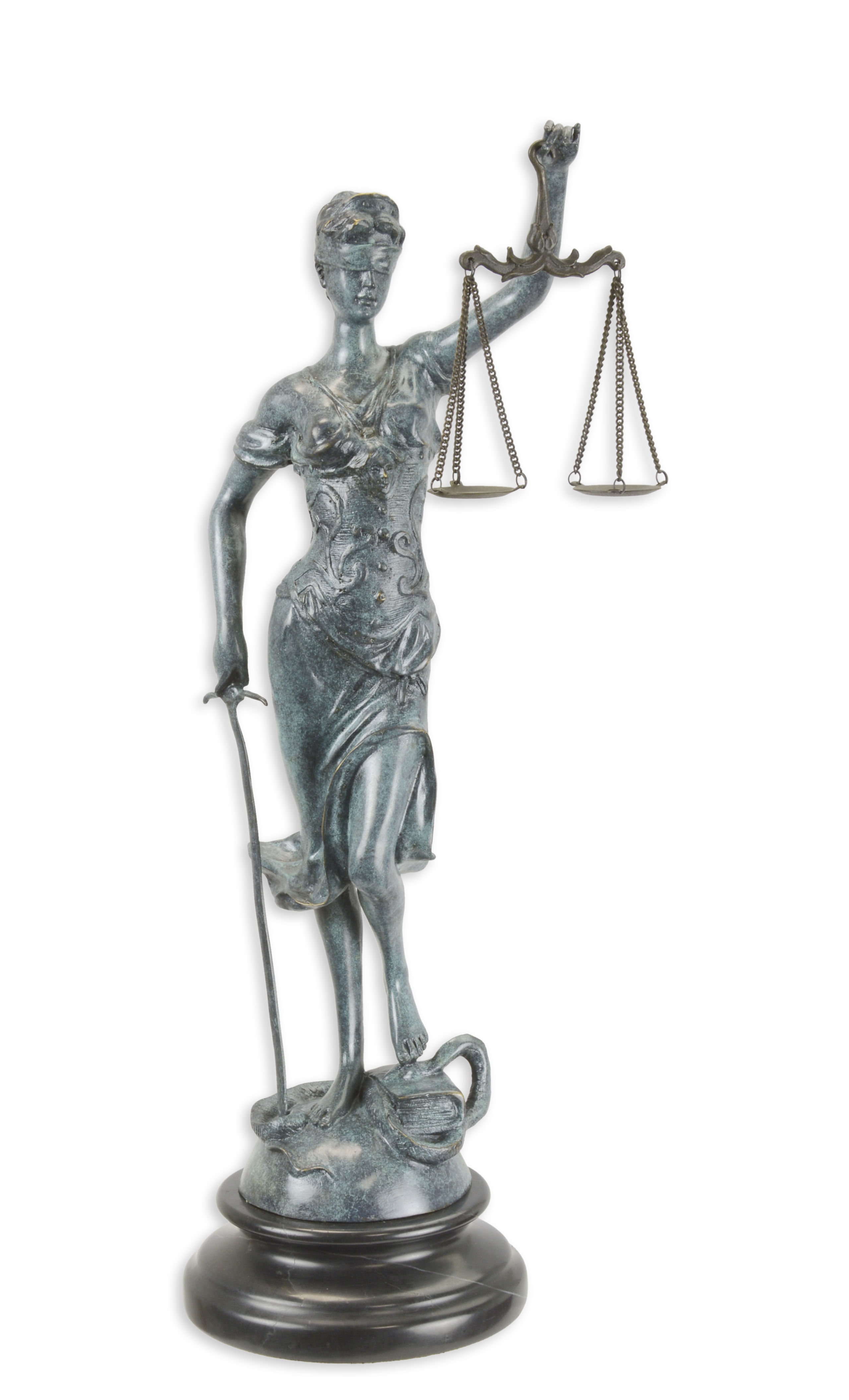 BRONZE SCULPTURE OF THE LADY JUSTICE GREEN FINISH
