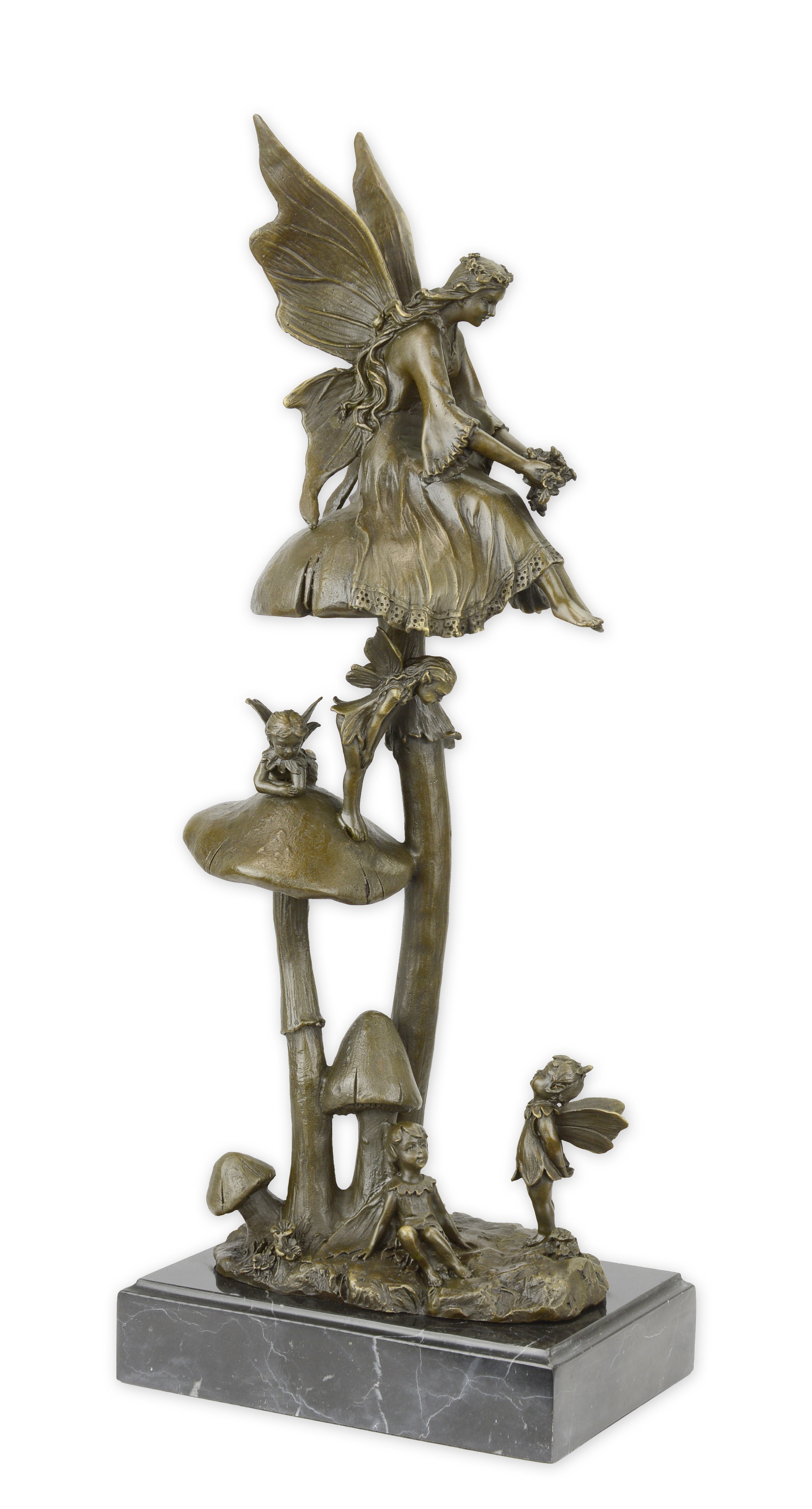 A BRONZE SCULPTURE OF A GROUP OF FAIRIES RESTING ON MUSHROOM