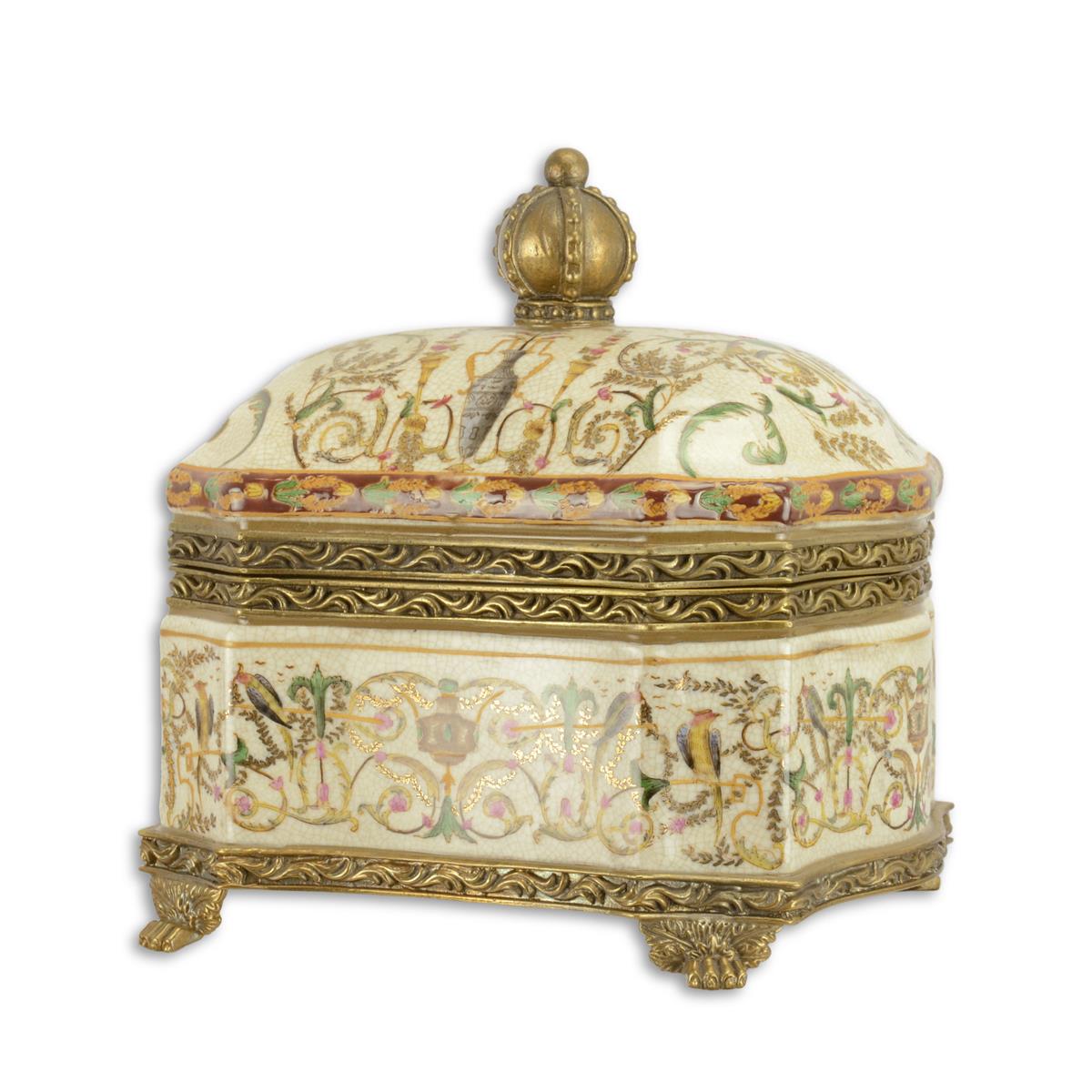 A BRASS MOUNTED PORCELAIN BOX AND COVER