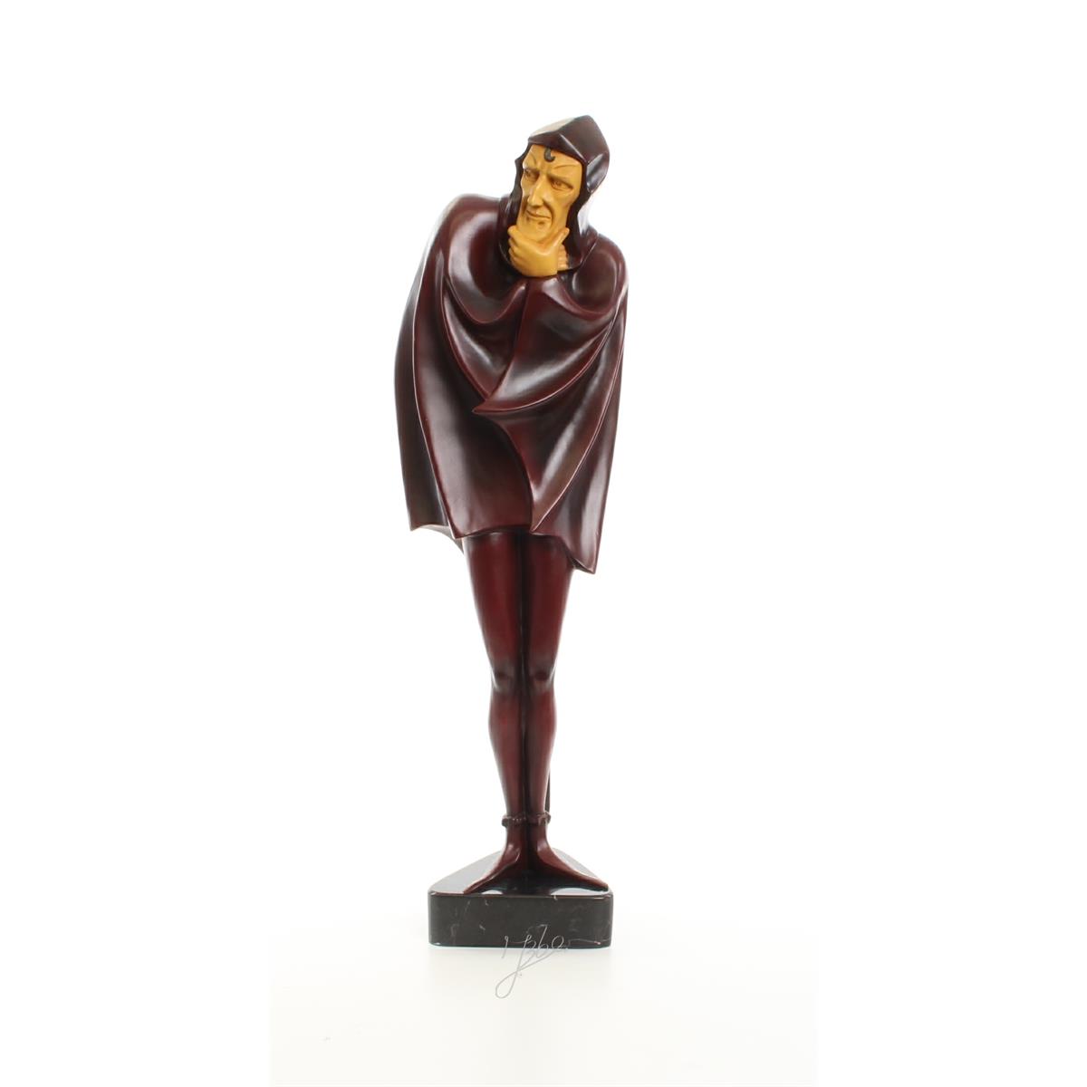 A WOOD MOUNTED BRONZE SCULPTURE OF MEPHISTOPHELES