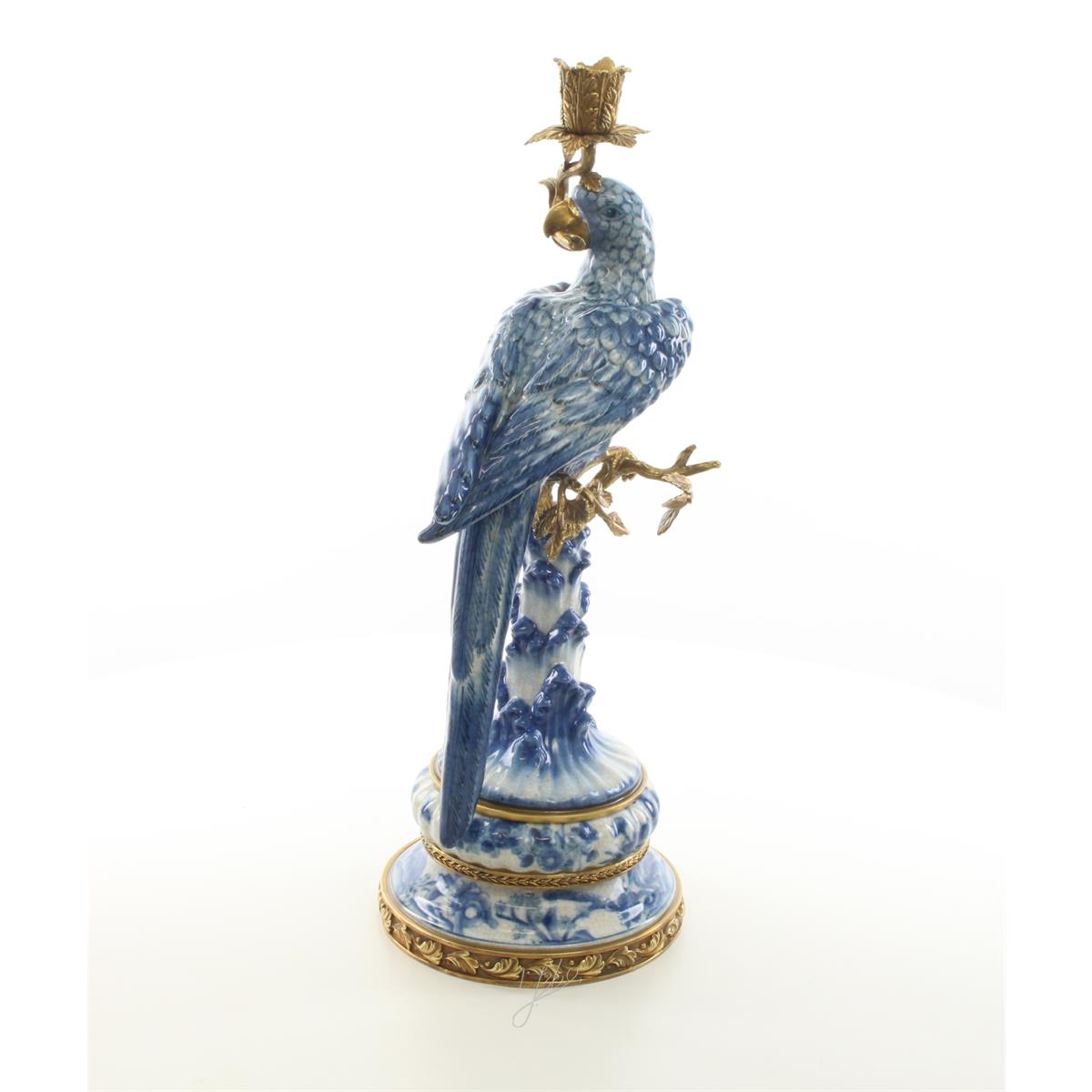 A BRONZE MOUNTED PORCELAIN PARROT CANDLE HOLDER