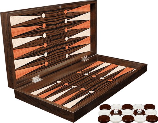 Backgammon Ebbenhouten bordspel - Maat L 38cm - Tavla - Met schaakbord - Sluit magnetisch - Houten koffer