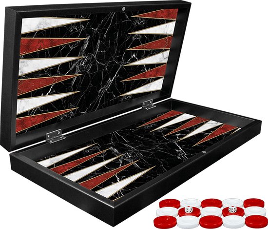 Backgammon zwart/wit - Groot formaat XXL 48cm - Marmer print - Tavla geproduceerd in Turkije - Met schaakbord