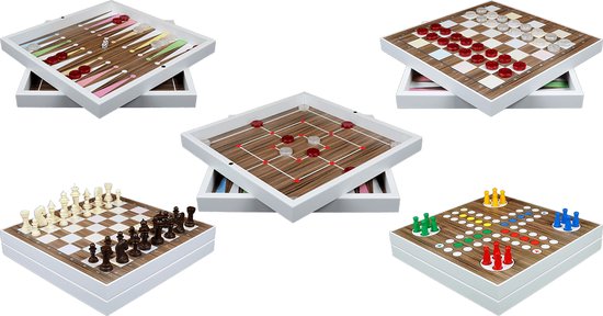 5 in 1 spellen - Witte spellendoos met magnetische sluiting - Incl spelletjes Schaken - Checkers - Backgammon - Mens erger je niet - Molenspel - maat 32cm